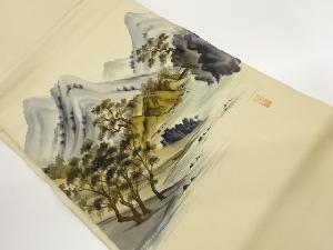 作家物　塩瀬手描き山並みに木々・川模様名古屋帯